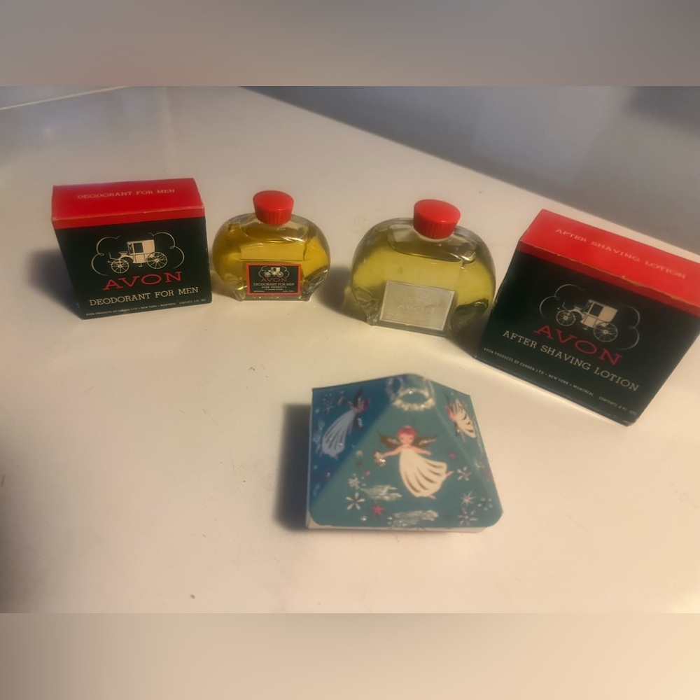 Vintage Avon men’s deodorant and aftershave and a bones box